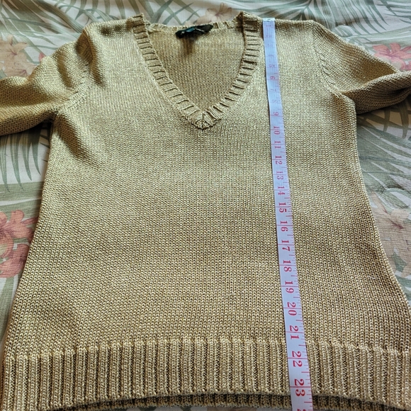 LAUREN Ralph Lauren Gold Metallic V Neck Nautical Sweater 3/4 Sleeve M - Picture 9 of 10